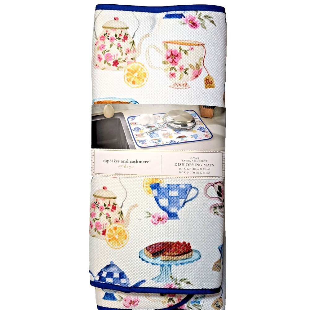 Cupcakes And Cashmere Dish Drying Mats Teatime Teacups 2-pk KItchen Blue NEW